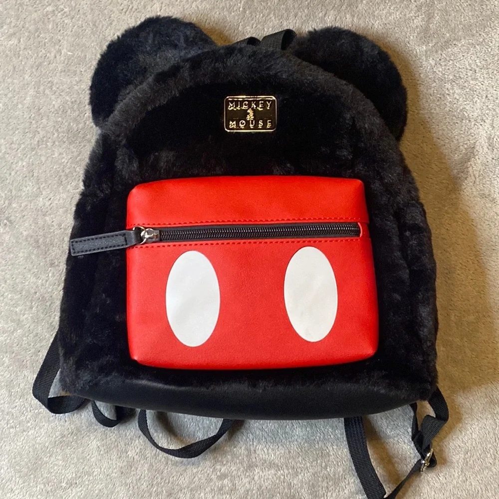 Brand New Disney Mickey Mouse Furry Fuzzy Black & Red Zippered Mini Back